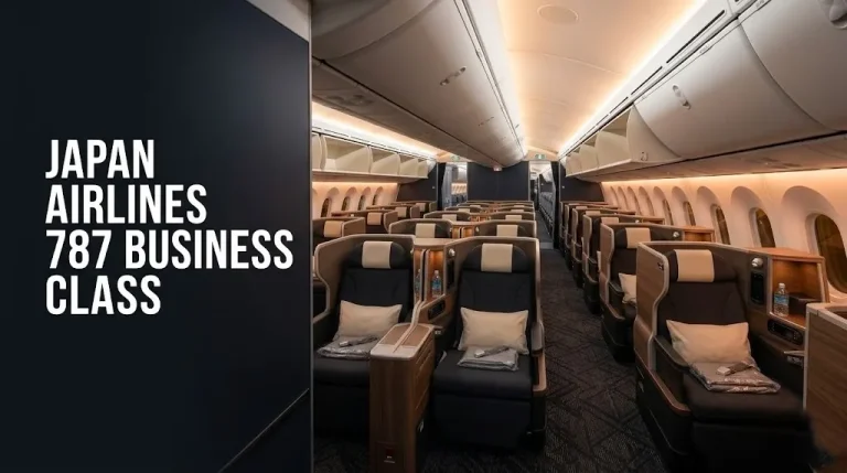 Empty Japan Airlines 787-9 Apex Suite business class cabin with 1-2-1 lie-flat seats and headline Japan Airlines 787 Business Class text overlay.