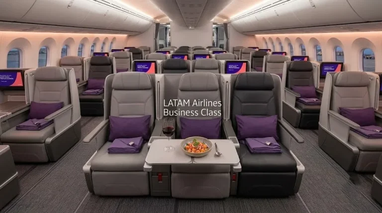 Empty LATAM Airlines 787 business class cabin showing the 1-2-1 lie-flat seats with purple accents and a glass of red wine on a tray table.