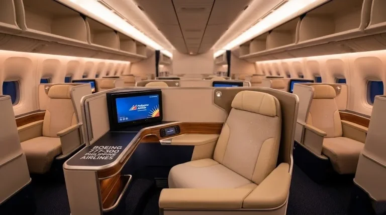 Empty Philippine Airlines 777 business class cabin with a private Thompson Vantage XL Apex Suite in 1-2-1 layout.