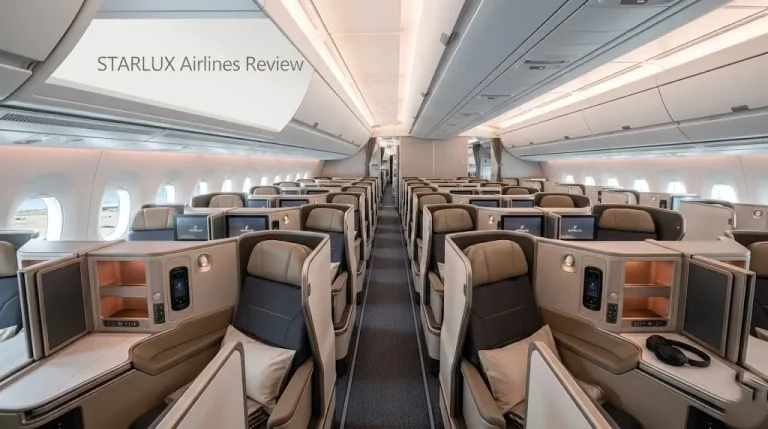Empty STARLUX A350 business class cabin with suite doors open and STARLUX Airlines Review text overlay.
