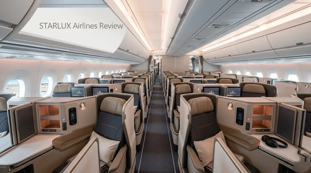 Empty STARLUX A350 business class cabin with suite doors open and STARLUX Airlines Review text overlay.