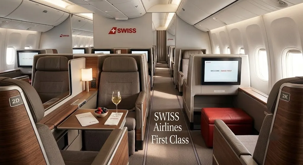 Empty SWISS Airlines First Class cabin on a Boeing 777 showing the elegant grey and walnut suites with a glass of wine.