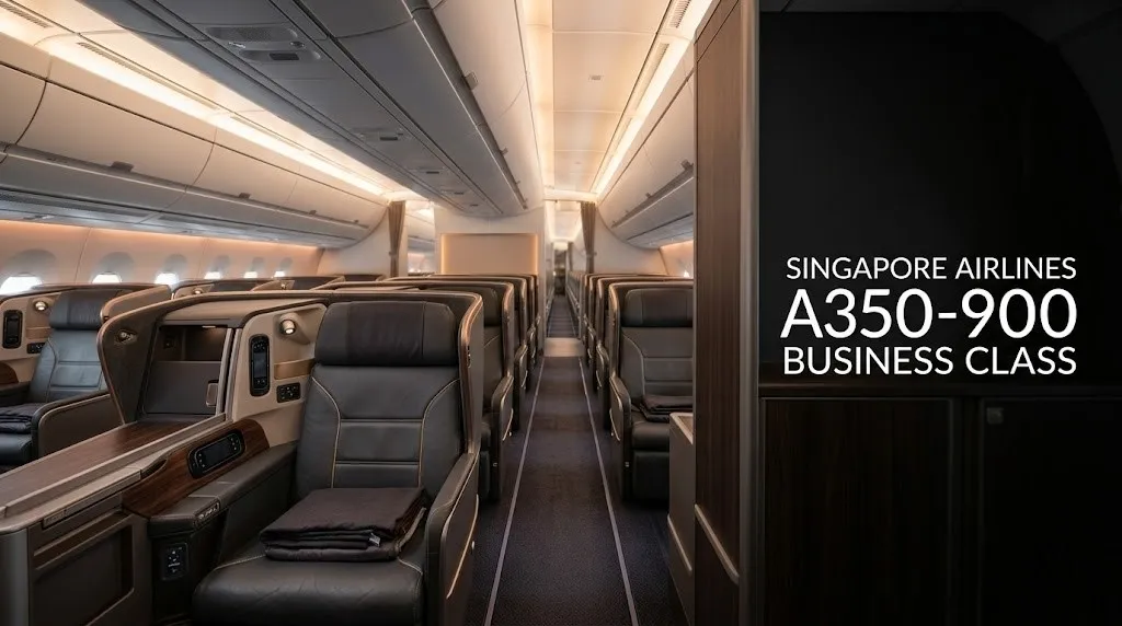 Empty Singapore Airlines A350-900 business class cabin with 1-2-1 lie-flat seats and headline Singapore Airlines A350-900 Business Class text overlay.