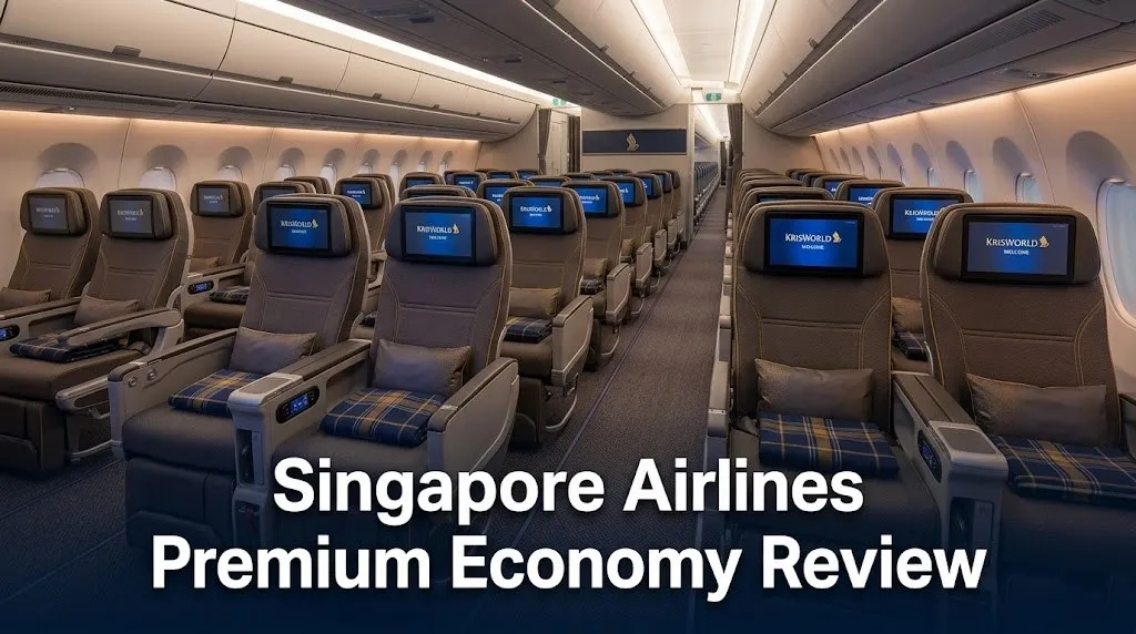 Empty Singapore Airlines A350 premium economy cabin with charcoal seats, KrisWorld screens, and calf rests for Singapore Airlines Premium Economy Review.