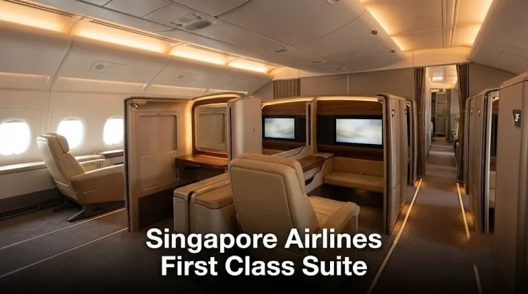 Empty Singapore Airlines A380 new Suites cabin showing combined double suite with separate chair and bed and text Singapore Airlines First Class Suite overlaid.
