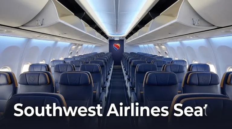 Empty Southwest Airlines Boeing 737 MAX 8 all-economy cabin with 3-3 seats and blue mood lighting with text Southwest Airlines Seats overlaid.