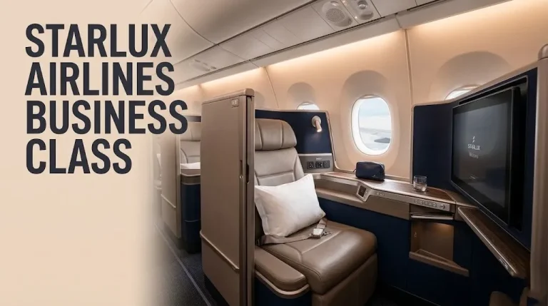 Empty Starlux Airlines business class suite with open privacy door, large IFE screen, and plush bedding. starlux airlines business class title text visible.