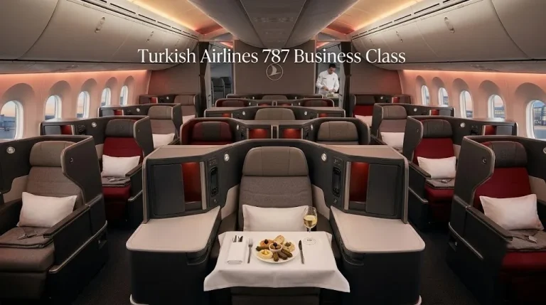 Empty Turkish Airlines 787 business class cabin showing the 1-2-1 suites with red accents and a plate of mezze on a tray table.