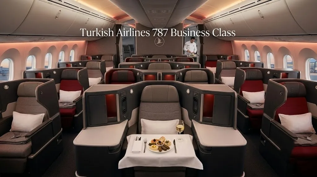 Empty Turkish Airlines 787 business class cabin showing the 1-2-1 suites with red accents and a plate of mezze on a tray table.