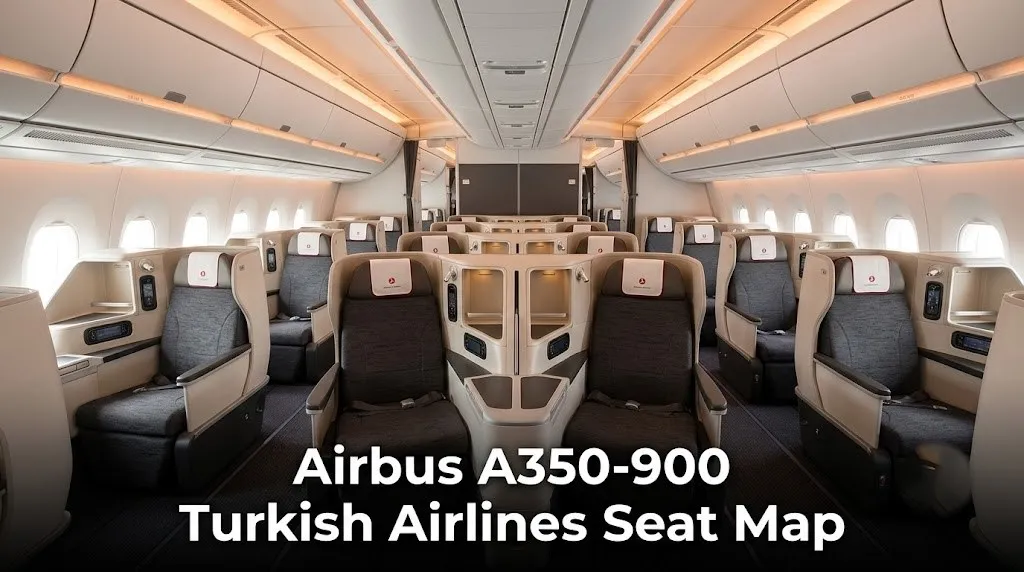 Empty Turkish Airlines Airbus A350-900 business class cabin with 1-2-1 lie-flat suites and text Airbus A350-900 Turkish Airlines Seat Map overlaid.