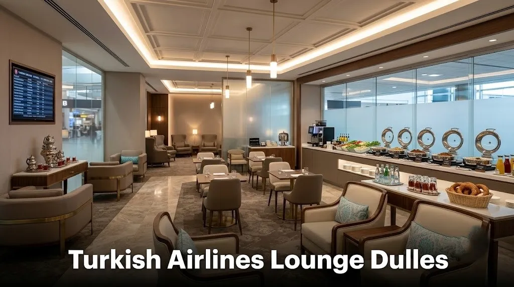 Empty Turkish Airlines contract lounge at Washington Dulles Airport with buffet, seating areas, and text Turkish Airlines Lounge Dulles overlaid.