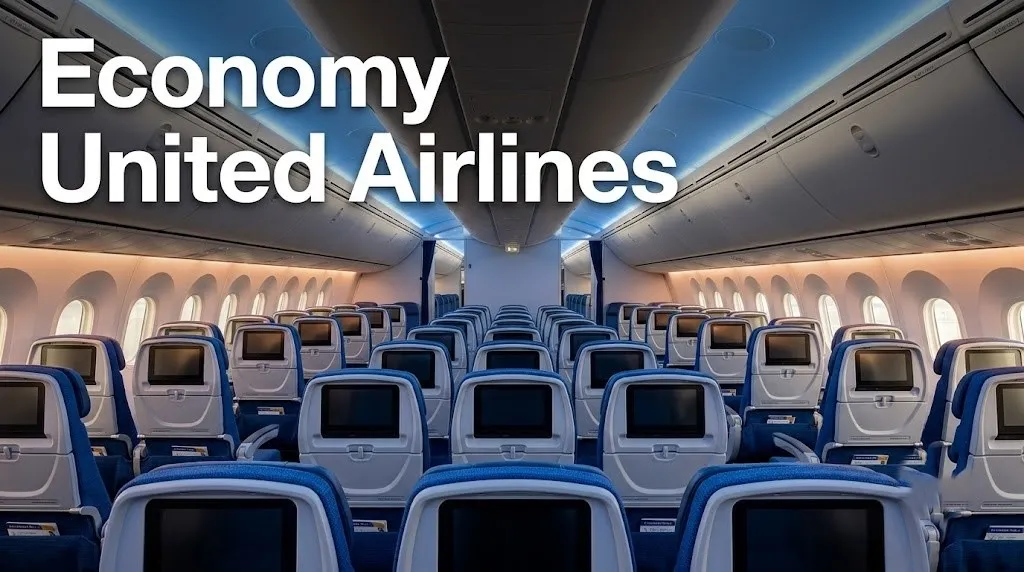 Empty United Airlines 787 Dreamliner economy cabin with 3-3-3 blue seats and Economy Plus divider visible mid-cabin.