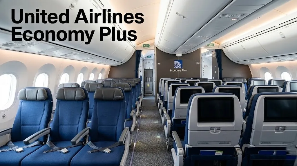 Empty United Airlines Economy Plus cabin on a Boeing 787 Dreamliner showing blue seats and extra legroom spacing.