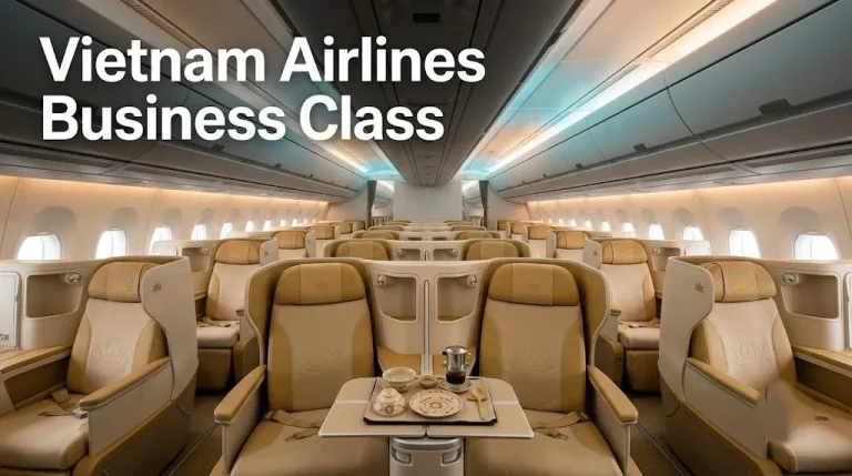 Empty Vietnam Airlines A350 business class cabin with 1-2-1 lie-flat seats in cream and gold upholstery and Vietnamese coffee filter on tray table.