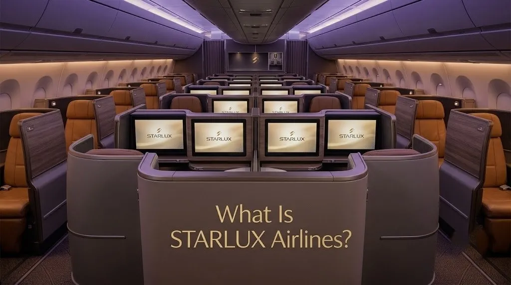  Empty business class cabin on a STARLUX Airlines A350 showing the private suites with doors and glowing screens.