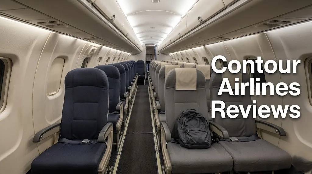 Empty cabin aisle of a Contour Airlines Embraer ERJ-145 regional jet showing the narrow 1-2 seating layout, featured in Contour Airlines reviews.
