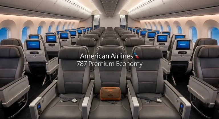 Empty cabin of an American Airlines 787 Premium Economy showing the 2-3-2 seat layout and a Shinola amenity kit on a seat.