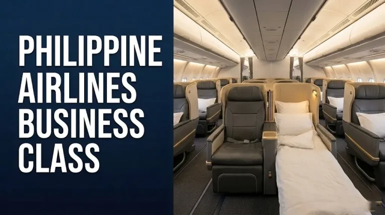 Empty lie-flat business class cabin aisle with bold text reading Philippine Airlines Business Class on deep navy background