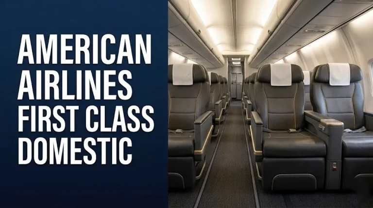Empty premium recliner cabin aisle with bold text reading American Airlines First Class Domestic on deep navy background