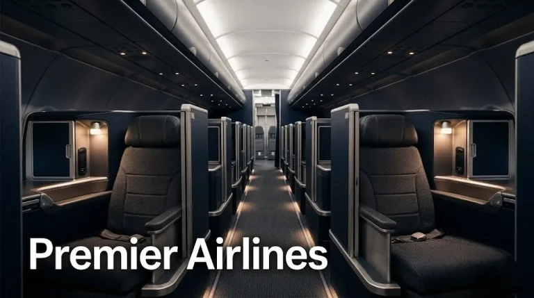 Empty single-aisle Premier Airlines A321neoLR cabin with 1-1 lie-flat Thompson Vantage Solo seats and privacy doors, as reviewed.