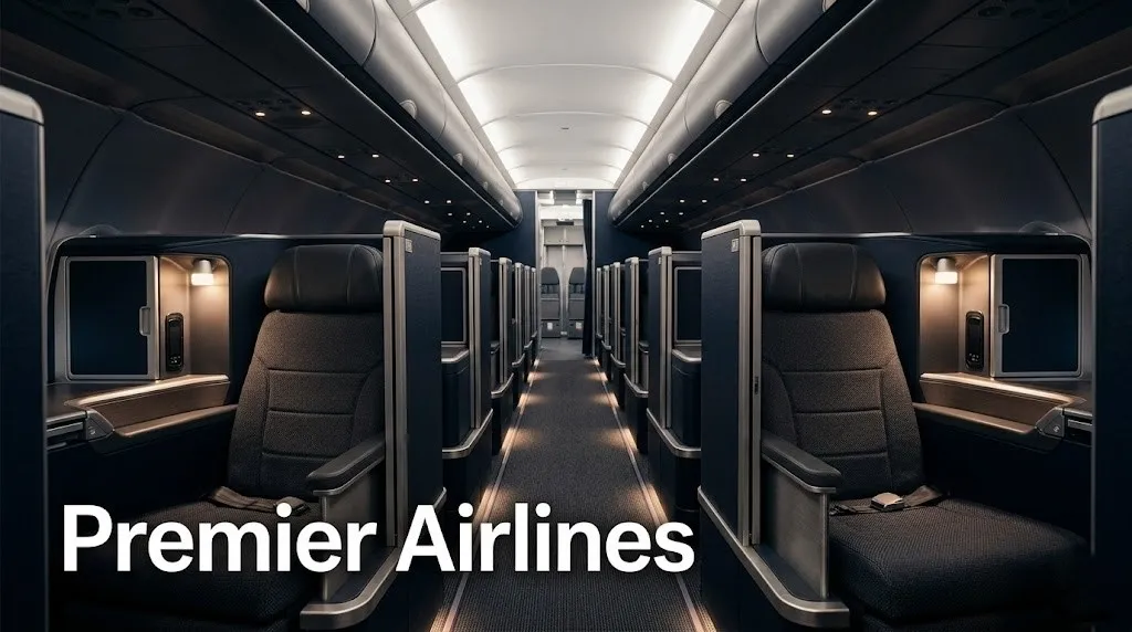  Empty single-aisle Premier Airlines A321neoLR cabin with 1-1 lie-flat Thompson Vantage Solo seats and privacy doors, as reviewed.