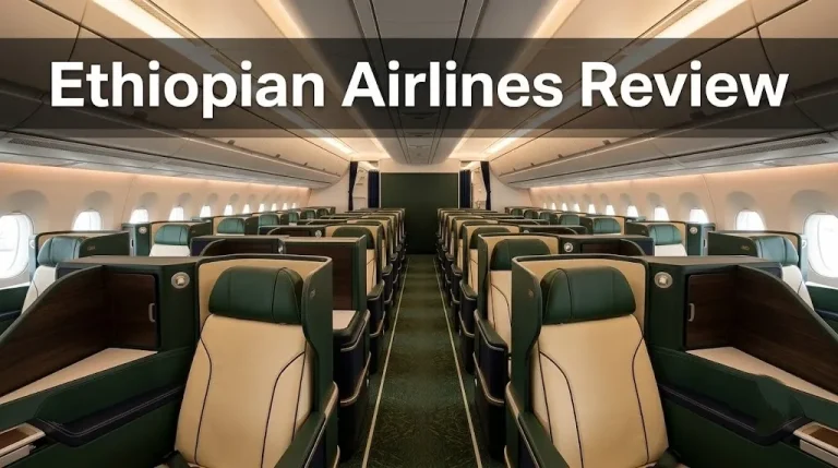 Ethiopian Airlines A350 business class cabin interior with 1-2-1 lie-flat seats in green and cream upholstery for an Ethiopian Airlines review article.