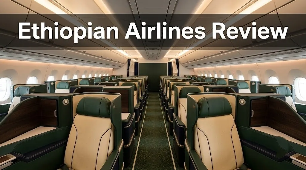 Ethiopian Airlines A350 business class cabin interior with 1-2-1 lie-flat seats in green and cream upholstery for an Ethiopian Airlines review article.