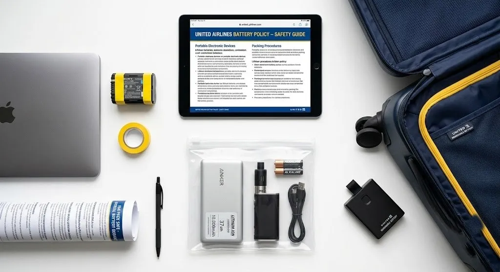 Flat-lay grid showing a smart suitcase with a detached battery, a power bank, and a laptop, all illustrating United Airlines battery policy.