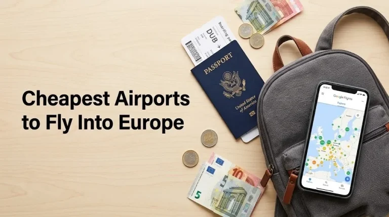 Flat-lay of U.S. passport, smartphone with Google Flights, and a small backpack, featured in a cheapest airports to fly into Europe guide.