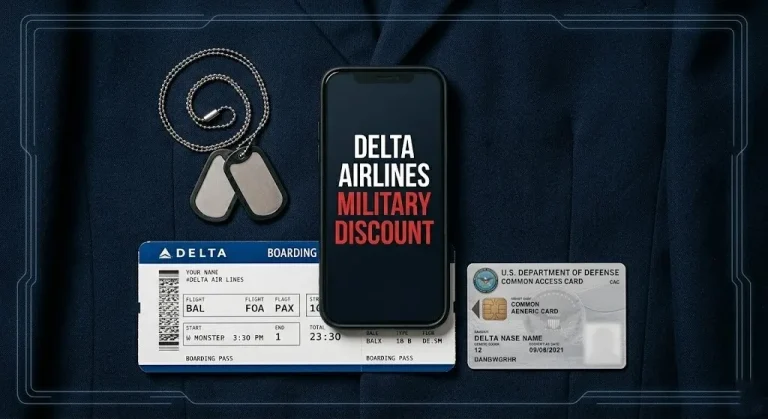 Flat-lay of a Delta boarding pass, a military CAC card, and dog tags next to a phone displaying Delta Airlines Military Discount.