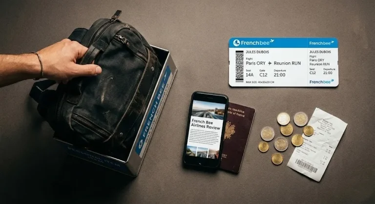 Flat-lay of a French Bee boarding pass and a backpack being put into a sizer box with the title French Bee Airlines Review.