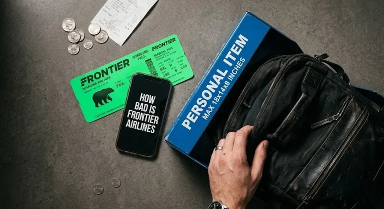Flat-lay of a Frontier Airlines boarding pass and a backpack being put into a sizer box with the title How Bad Is Frontier Airlines.
