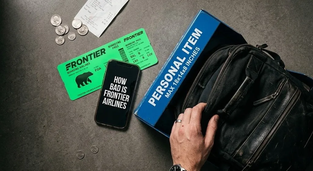  Flat-lay of a Frontier Airlines boarding pass and a backpack being put into a sizer box with the title How Bad Is Frontier Airlines.