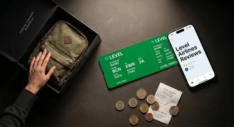 Flat-lay of a Level Airlines boarding pass and a backpack being put into a sizer box with the title Level Airlines Reviews.