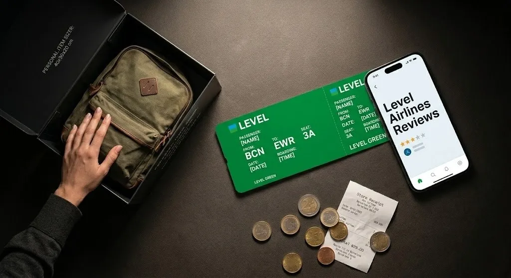 Flat-lay of a Level Airlines boarding pass and a backpack being put into a sizer box with the title Level Airlines Reviews.