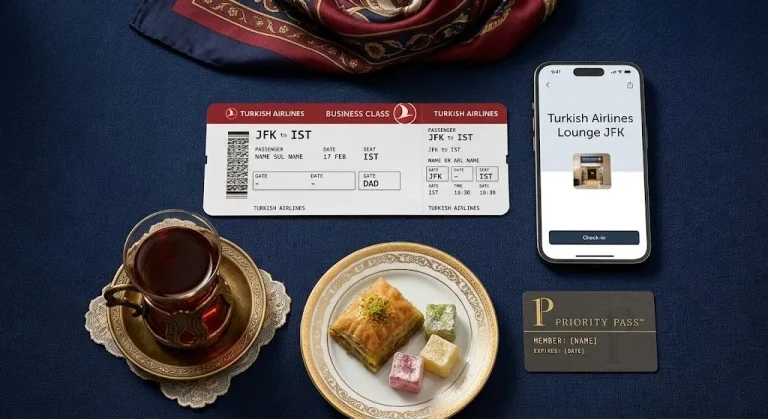 Flat-lay of a Turkish Airlines Business Class boarding pass, baklava, tea, and a phone showing Turkish Airlines Lounge JFK.