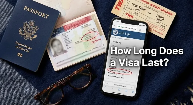 Flat-lay of a U.S. passport with a circled visa, and a phone showing the I-94 website with How Long Does a Visa Last text.