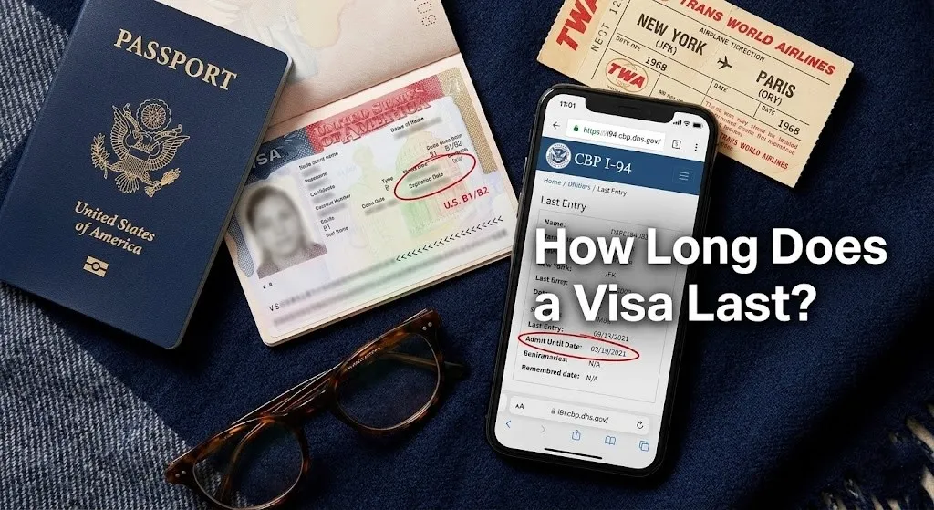 Flat-lay of a U.S. passport with a circled visa, and a phone showing the I-94 website with How Long Does a Visa Last text.