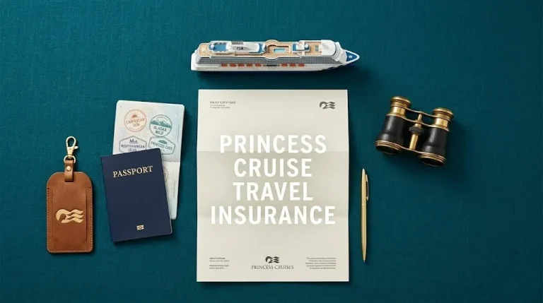 Flat-lay of a cruise insurance policy document with princess cruise travel insurance text, cruise luggage tag, and passport.