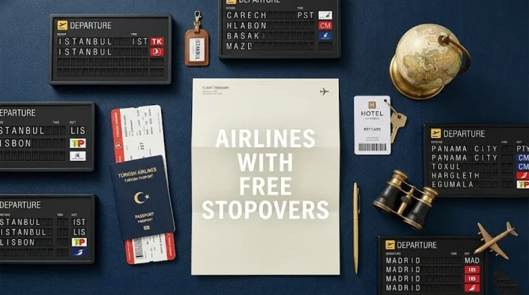Flat-lay of a flight itinerary with airlines with free stopovers headline, passport, boarding pass, and hotel key card.