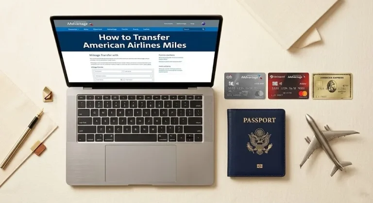 Flat-lay of a laptop showing How to Transfer American Airlines Miles beside AAdvantage credit cards and a passport.