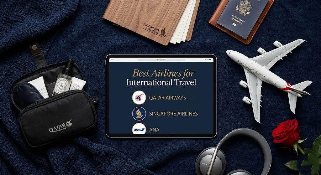 Flat-lay of a tablet showing Best Airlines for International Travel with luxury airline items and a passport.