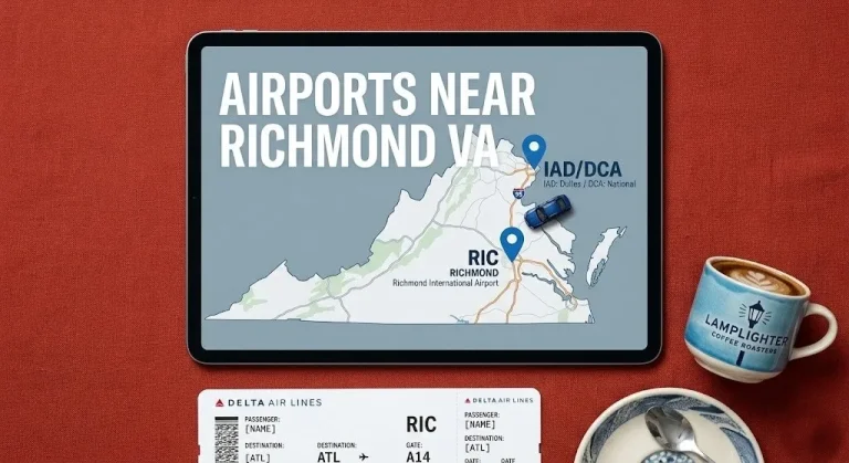 Flat-lay of a tablet showing a map with Airports Near Richmond VA and RIC and DC pins, a toy car, and a boarding pass.