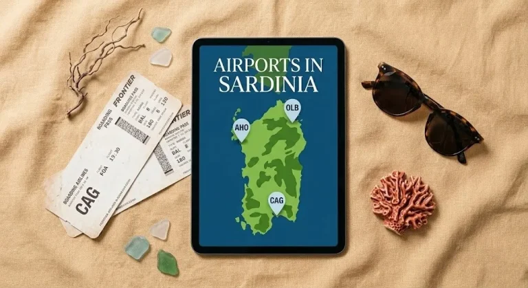 Flat-lay of a tablet showing a map with Airports in Sardinia and CAG, OLB, and AHO pins, beside sunglasses and a boarding pass.