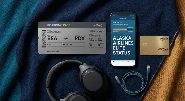 Flat-lay of an Alaska MVP Gold boarding pass and a phone showing Alaska Airlines Elite Status with an Alaska Lounge card and headphones.