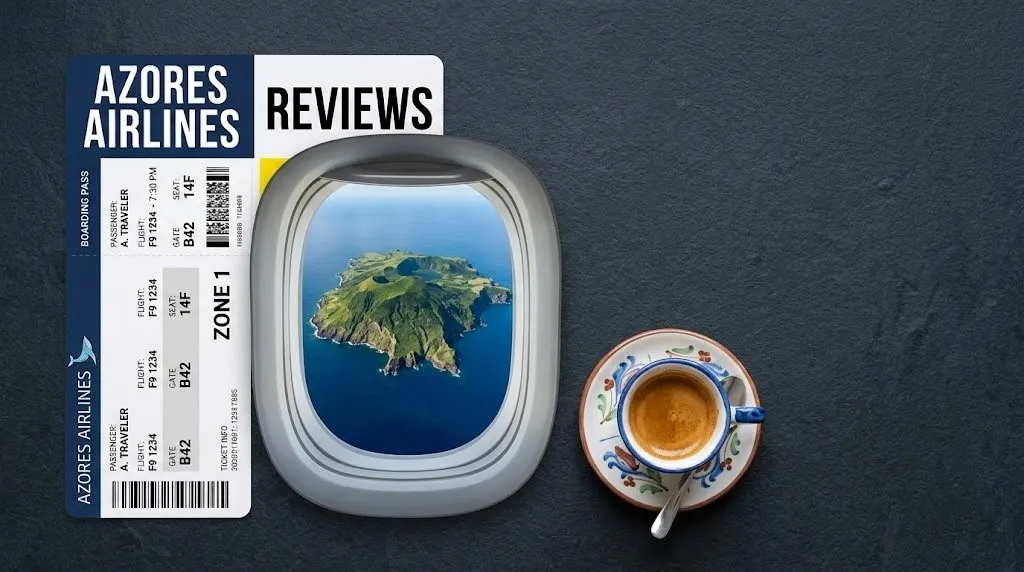 Flat-lay of an Azores Airlines boarding pass and a volcanic island view through an airplane window, representing an honest airline review.