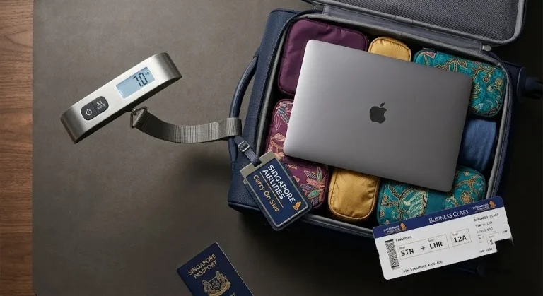 Flat-lay of an open carry-on bag on a scale showing 7kg, next to a Singapore Airlines boarding pass, illustrating the carry-on size and weight rule.