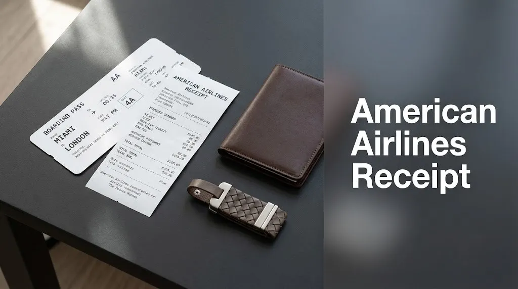 Flat-lay of boarding pass and printed American Airlines receipt on dark charcoal desk with passport holder and luggage tag.