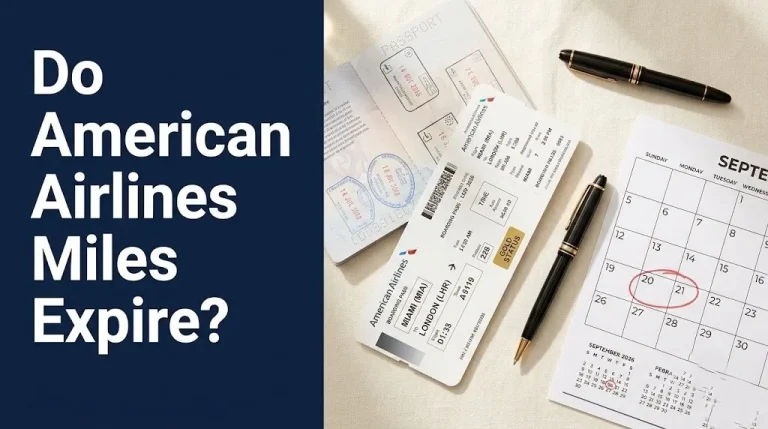 Flat-lay of passport, boarding pass, and calendar with text asking Do American Airlines Miles Expire against a navy background.