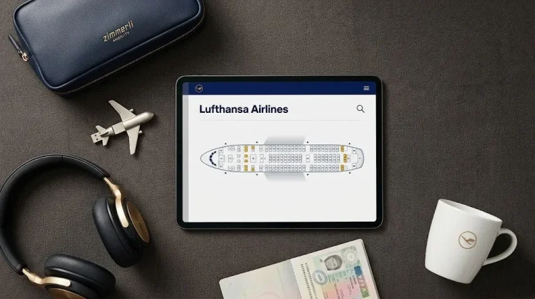 Flat-lay travel desk with a tablet showing Lufthansa Airlines, surrounded by a First Class amenity kit, passport, and headphones.